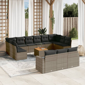 vidaXL 14-delige Loungeset met kussens poly rattan grijs