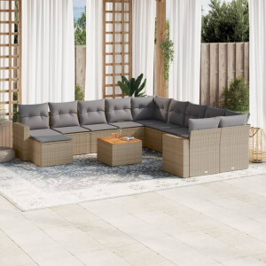 vidaXL 12-delige Loungeset met kussens poly rattan gemengd beige