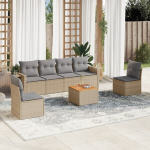 vidaXL 7-delige Loungeset met kussens poly rattan gemengd beige