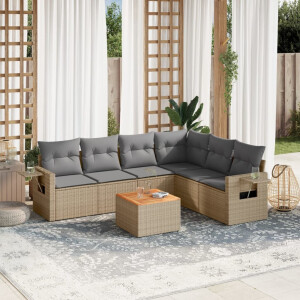 vidaXL 7-delige Loungeset met kussens poly rattan gemengd beige