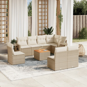 vidaXL 9-delige Loungeset met kussens poly rattan beige