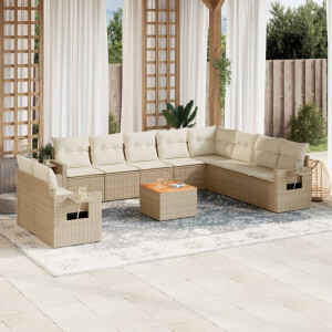 vidaXL 11-delige Tuinset met kussens poly rattan beige