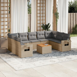 vidaXL 10-delige Loungeset met kussens poly rattan gemengd beige