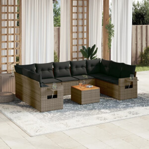 vidaXL 10-delige Loungeset met kussens poly rattan grijs