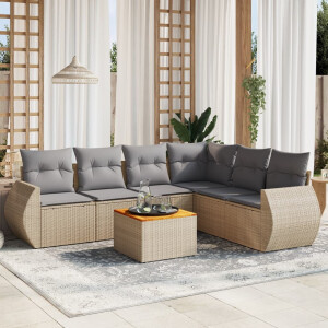 vidaXL 7-delige Loungeset met kussens poly rattan beige