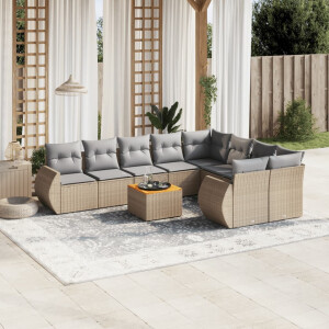 vidaXL 10-delige Loungeset met kussens poly rattan beige