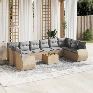 vidaXL 11-delige Tuinset met kussens poly rattan beige