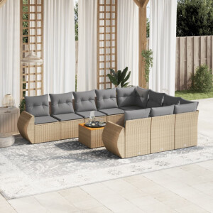 vidaXL 11-delige Tuinset met kussens poly rattan beige