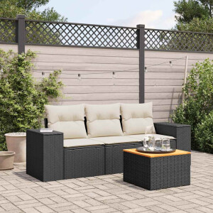 vidaXL 4-delige Loungeset met kussens poly rattan zwart
