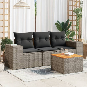 vidaXL 4-delige Loungeset met kussens poly rattan grijs