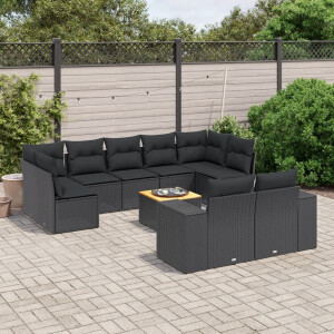 vidaXL 10-delige Loungeset met kussens poly rattan zwart