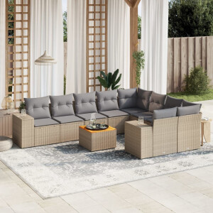 vidaXL 10-delige Loungeset met kussens poly rattan beige