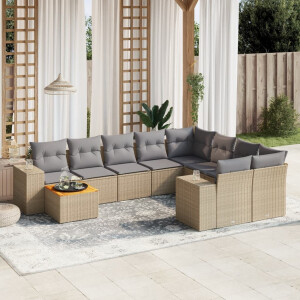 vidaXL 10-delige Loungeset met kussens poly rattan beige