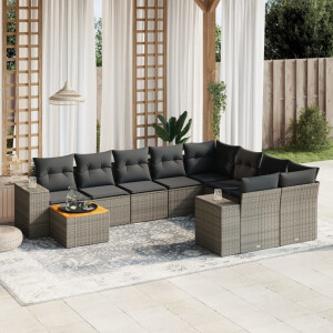 vidaXL 10-delige Loungeset met kussens poly rattan grijs
