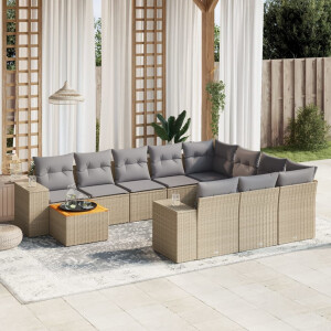 vidaXL 11-delige Tuinset met kussens poly rattan beige