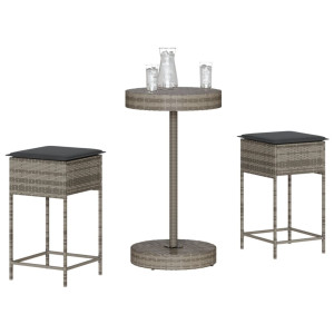 vidaXL 3-delige Tuinbarset met kussens poly rattan grijs