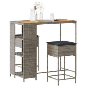 vidaXL 3-delige Tuinbarset met kussens poly rattan grijs
