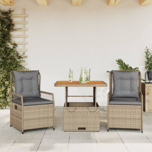 vidaXL 3-delige Tuinset met kussens poly rattan beige