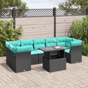 vidaXL 8-delige tuinbankset met kussens, zwart polyrotan