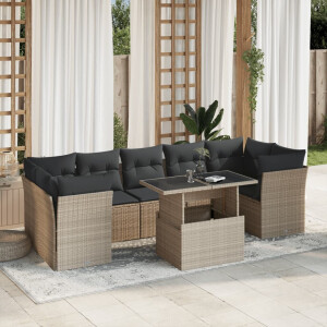 vidaXL 8-delige Loungeset met kussens poly rattan lichtgrijs