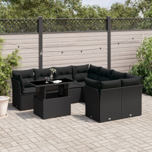 vidaXL 9-delige Loungeset met kussens poly rattan zwart