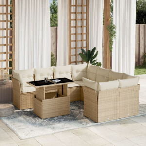 vidaXL 9-delige Loungeset met kussens poly rattan beige