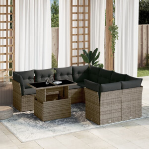 vidaXL 9-delige Loungeset met kussens poly rattan grijs