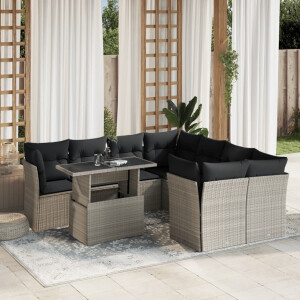 vidaXL 9-delige Loungeset met kussens poly rattan lichtgrijs