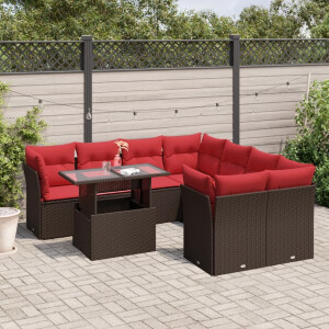 vidaXL 9-delige tuinbankset met kussens, bruin polyrotan