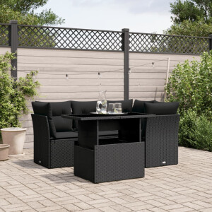 vidaXL 5-delige Loungeset met kussens poly rattan zwart