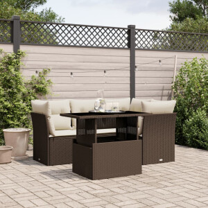 vidaXL 5-delige Loungeset met kussens poly rattan bruin
