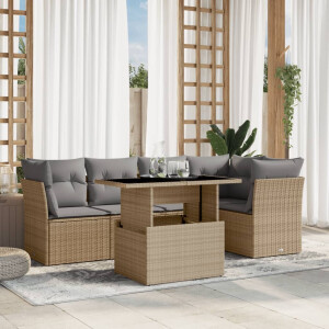vidaXL 6-delige Loungeset met kussens poly rattan beige