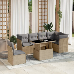 vidaXL 7-delige Loungeset met kussens poly rattan beige
