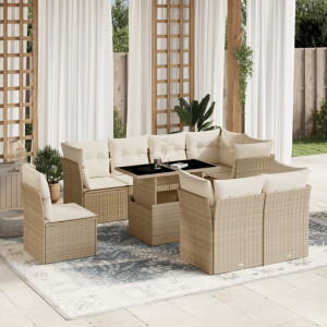 vidaXL 9-delige Loungeset met kussens poly rattan beige