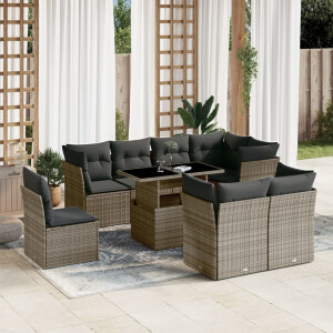 vidaXL 9-delige Loungeset met kussens poly rattan grijs