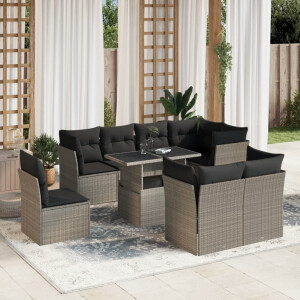 vidaXL 9-delige Loungeset met kussens poly rattan lichtgrijs