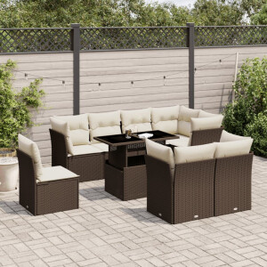 vidaXL 9-delige Loungeset met kussens poly rattan bruin