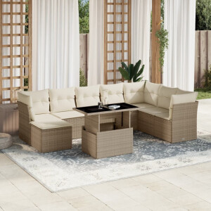 vidaXL 9-delige Loungeset met kussens poly rattan beige