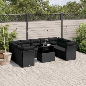 vidaXL 10-delige Loungeset met kussens poly rattan zwart