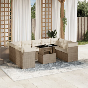 vidaXL 10-delige Loungeset met kussens poly rattan beige