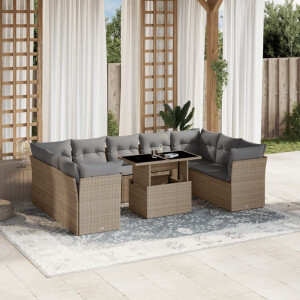 vidaXL 10-delige Loungeset met kussens poly rattan beige