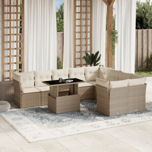 vidaXL 10-delige Loungeset met kussens poly rattan beige