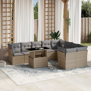 vidaXL 10-delige Loungeset met kussens poly rattan beige
