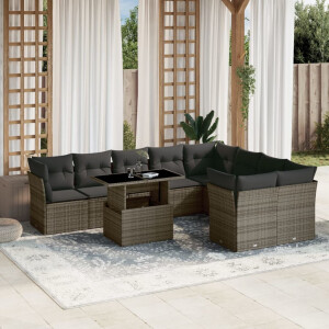 vidaXL 10-delige Loungeset met kussens poly rattan grijs