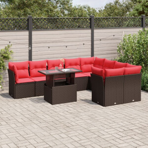 vidaXL 10-delige tuinbankset met kussens, bruin polyrotan