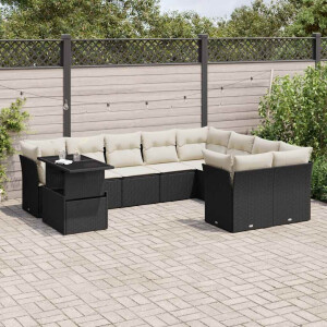 vidaXL 10-delige Loungeset met kussens poly rattan zwart