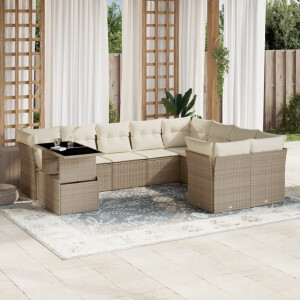 vidaXL 10-delige Loungeset met kussens poly rattan beige