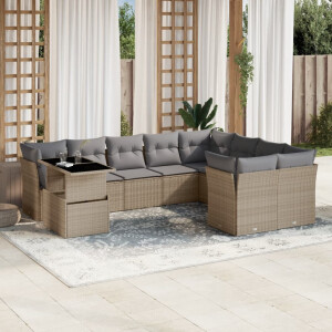 vidaXL 10-delige Loungeset met kussens poly rattan beige