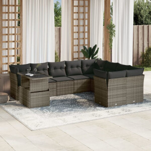 vidaXL 10-delige Loungeset met kussens poly rattan grijs