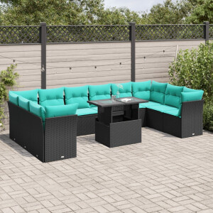 vidaXL 11-delige tuinbankset met kussens, zwart polyrotan